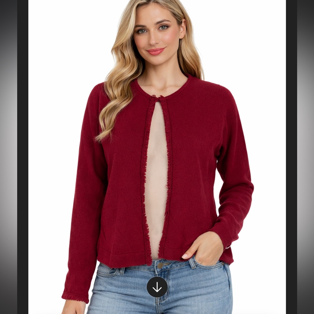 Easel 100% Cashmere Brick Red Fringe Open Front Cardigan Sweater S